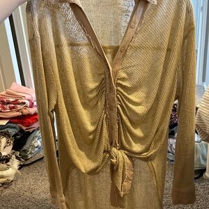 Gold Long-Sleeve Tie-Front Top